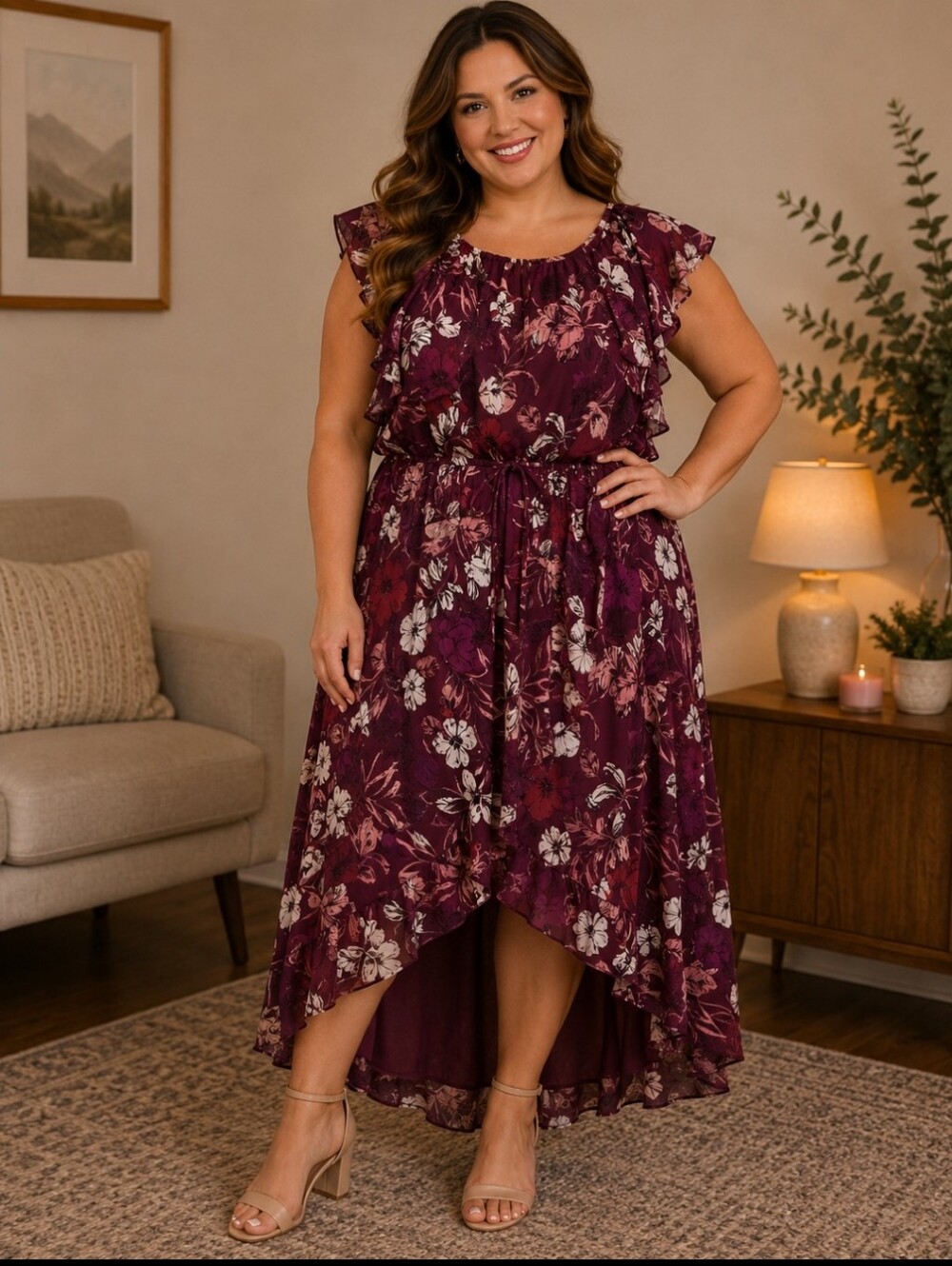 Alice Marie Women's Floral High-Low Dress - Burgundy